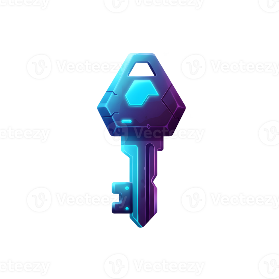 A futuristic key with glowing blue accents floats in a white space, possibly for use in a science fiction themed game or design project. png