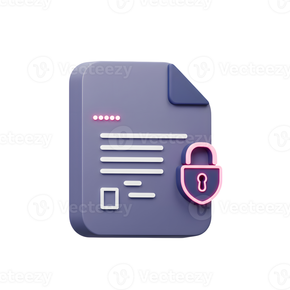 A purple document icon with a neon pink padlock suggests file security and data protection for online usage. png