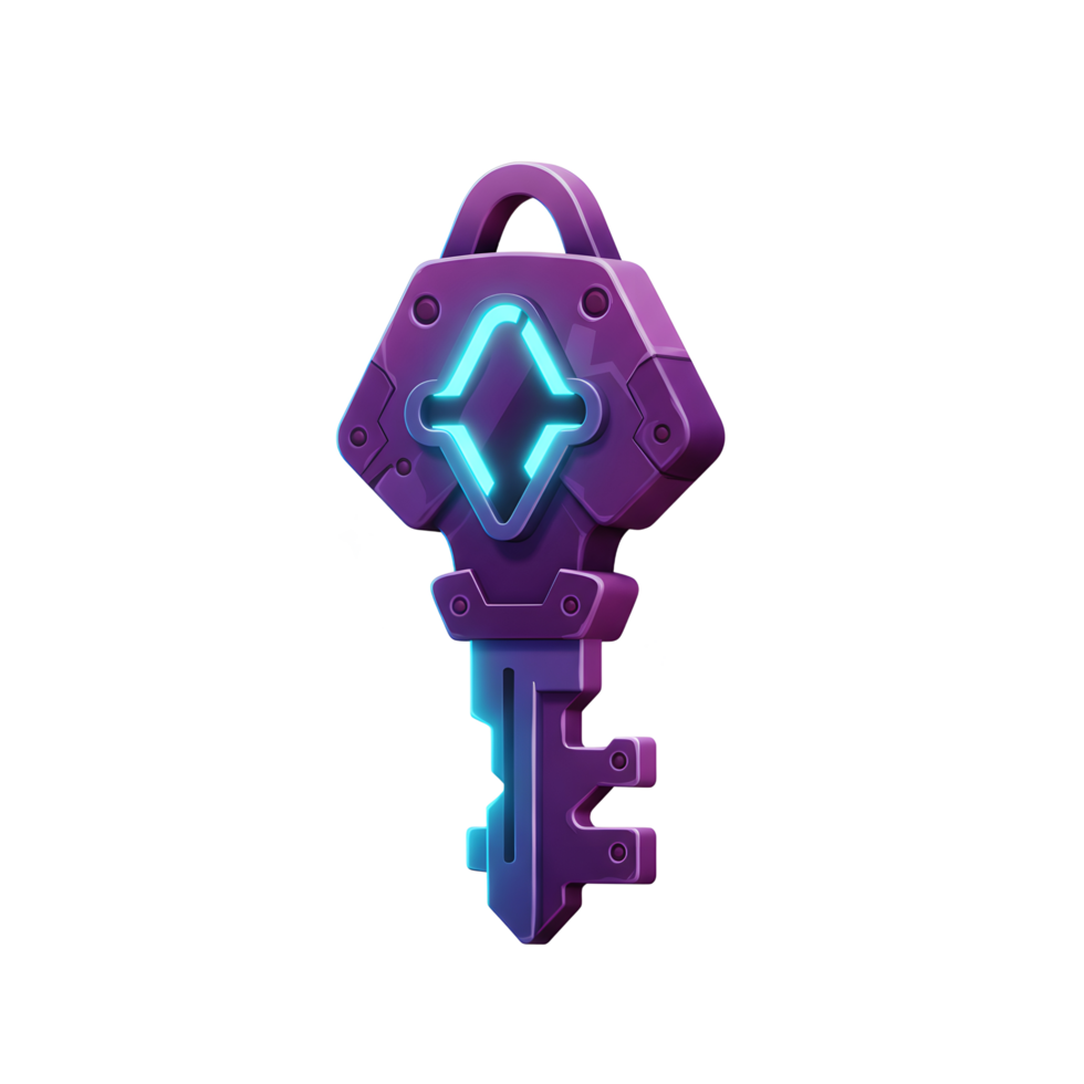 A purple key with glowing diamond and sparkles is displayed, often used in games. png