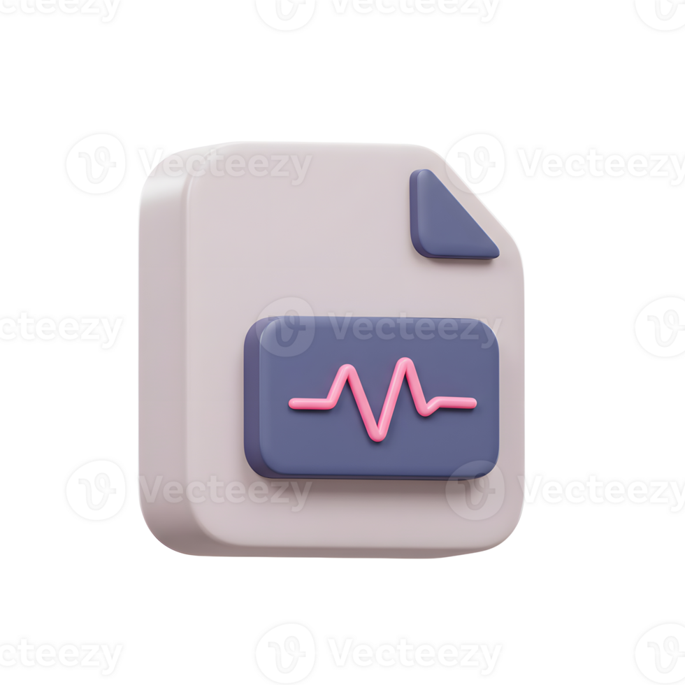 3D render shows a file icon with a waveform, representing an audio or data file visualization used for music or scientific presentations. png