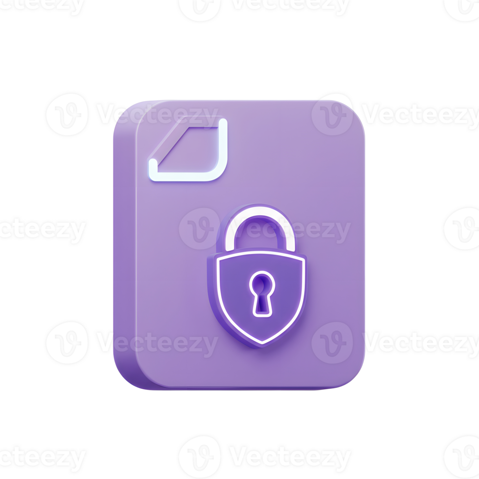 A purple file icon is secured with a padlock, illustrating data protection and privacy for sensitive information. png