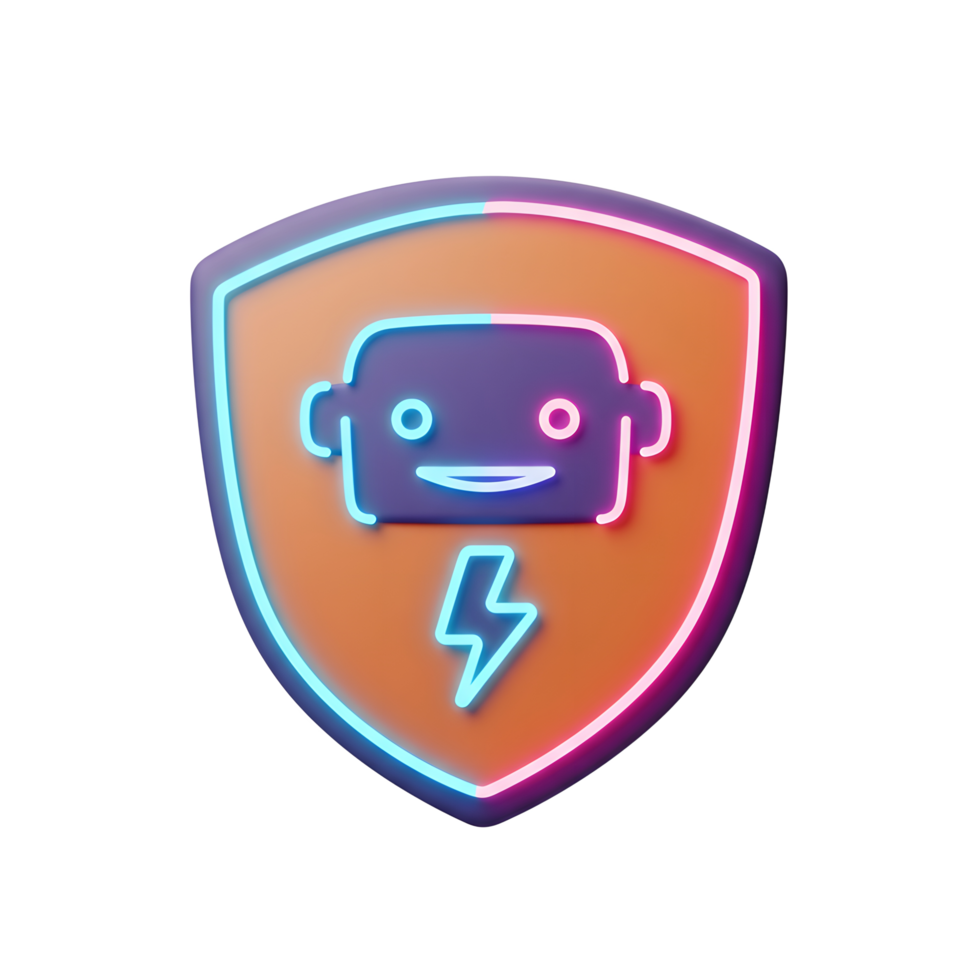 A robot head and lightning bolt are displayed on a shield with a neon outline to represent protection and power. png