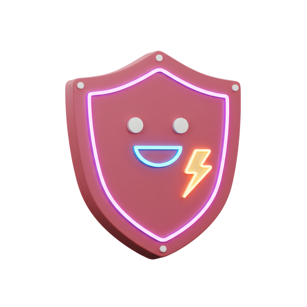 Illustration of a red shield with a neon trim, featuring a smiling face and a lightning bolt symbol, which can be used for security or protection concepts. png