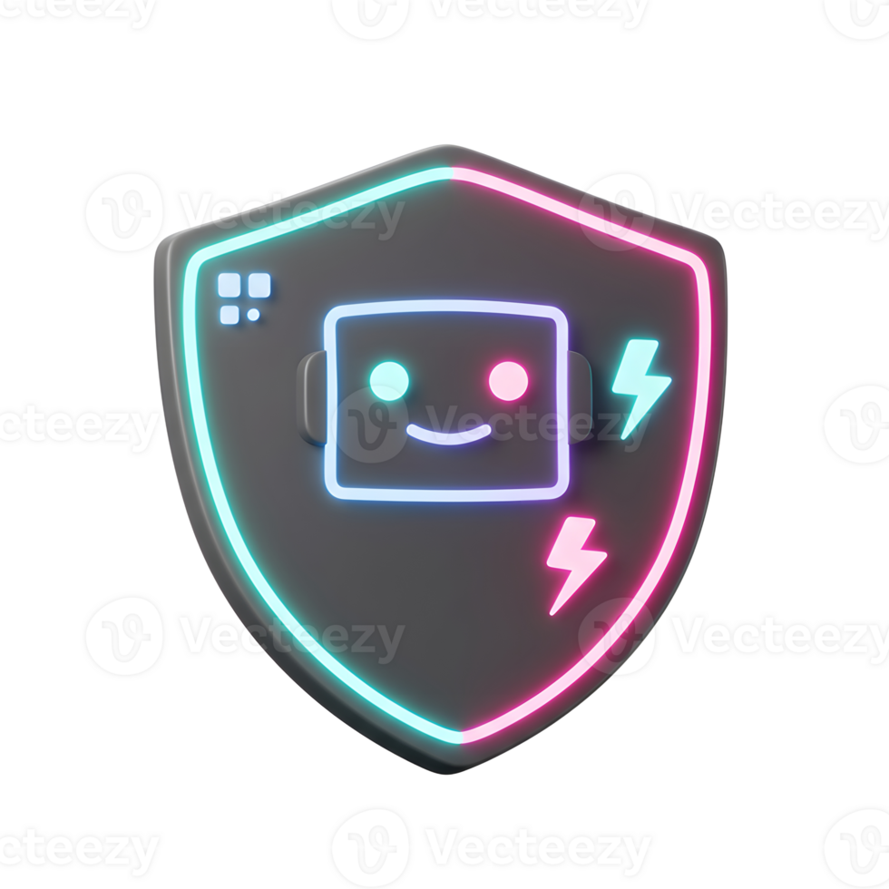 A digital shield decorated with a robot face and lightning bolts illustrates cybersecurity, data protection, or software safety. png