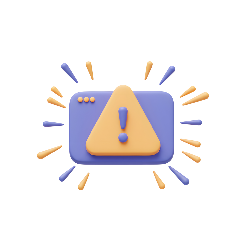 A 3D rendering of an alert notification with a warning sign and exclamation mark indicates an issue or error requiring attention, often used in software and website interfaces. png