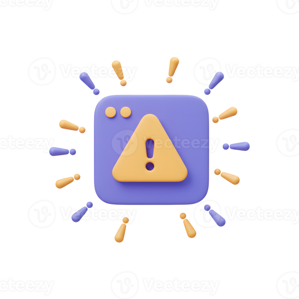 A yellow warning icon appears on a blue square platform, surrounded by exclamation marks, for use in a notification system. png