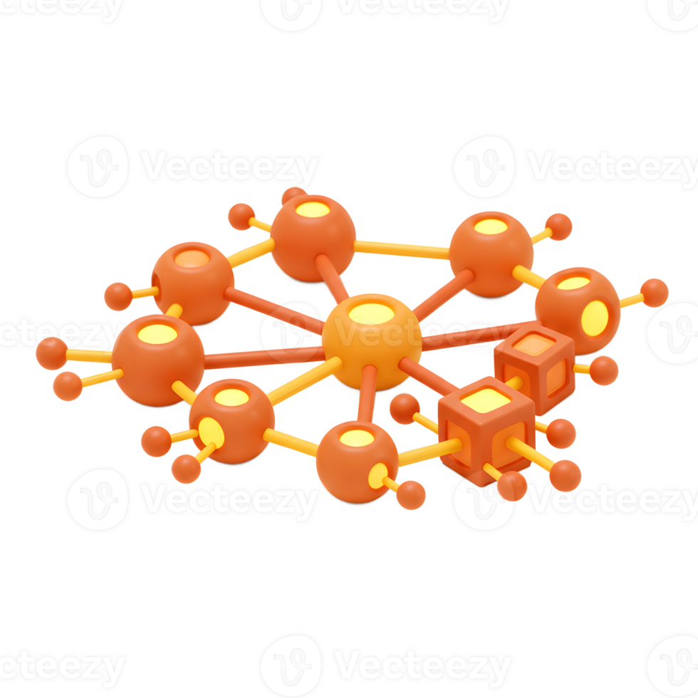 An orange and yellow geometric structure made of spheres, cubes, and connecting rods is displayed on a white background for visual representation. png