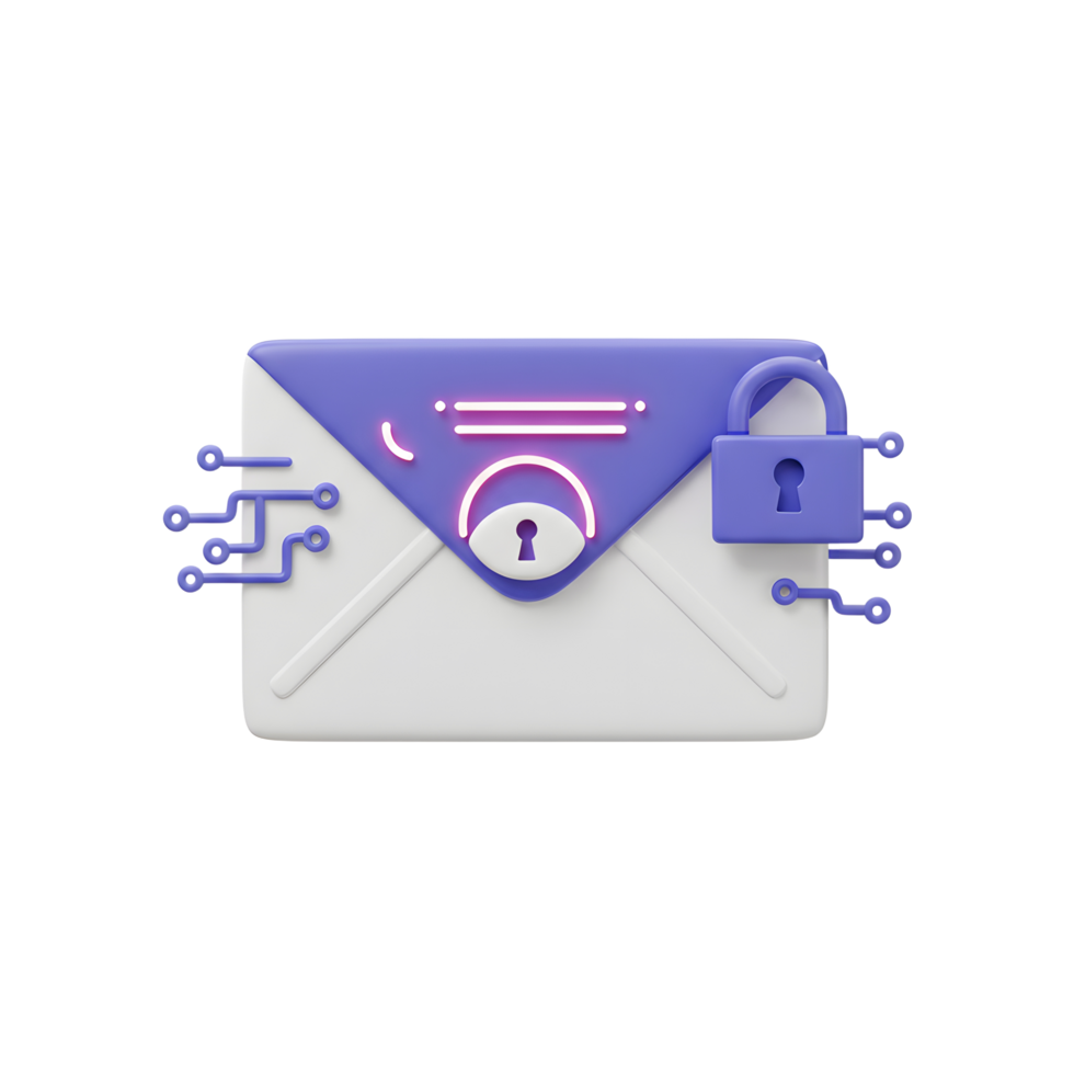 A stylized 3D rendering of a secure email featuring a padlock and circuit board design to represent secure communication and data protection. png