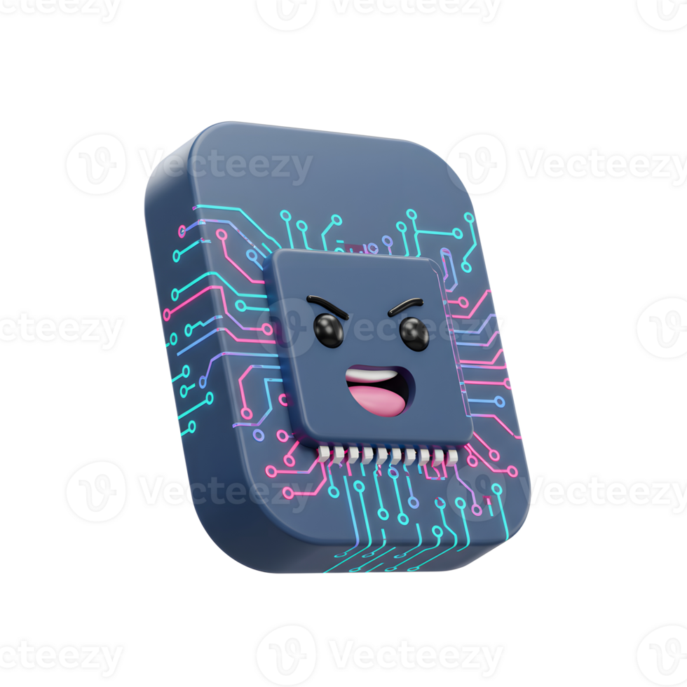 A cartoon microchip character with an angry expression is shown with circuit board design, making it suitable for digital interfaces. png