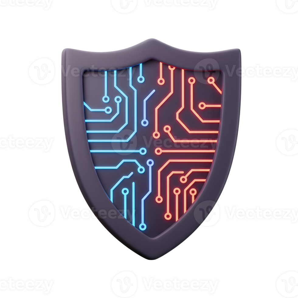 A 3D shield displays a circuit board design with blue and orange lines, symbolizing digital security and data protection. png