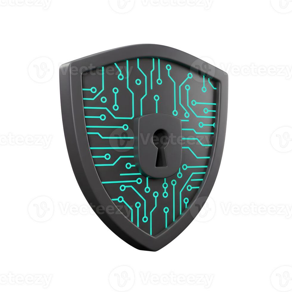 A gray shield with a keyhole and a blue circuit board pattern symbolizes digital protection and can be used for security concepts. png