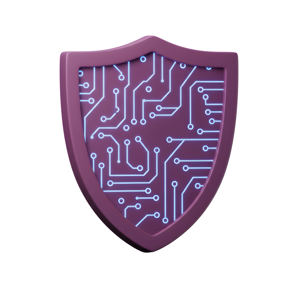 A purple shield with a luminous blue circuit board design protects against cyber threats and data breaches. png