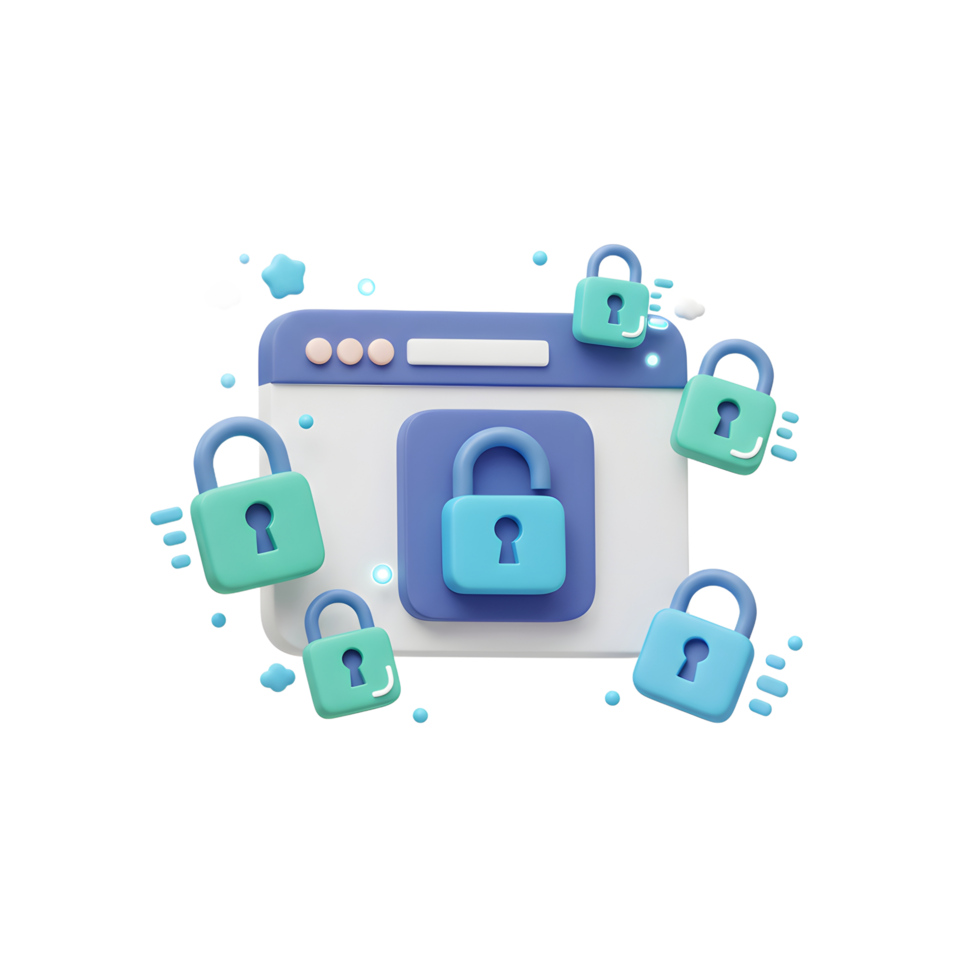 A 3D illustration shows padlocks surrounding a website window, representing online security and data protection. png