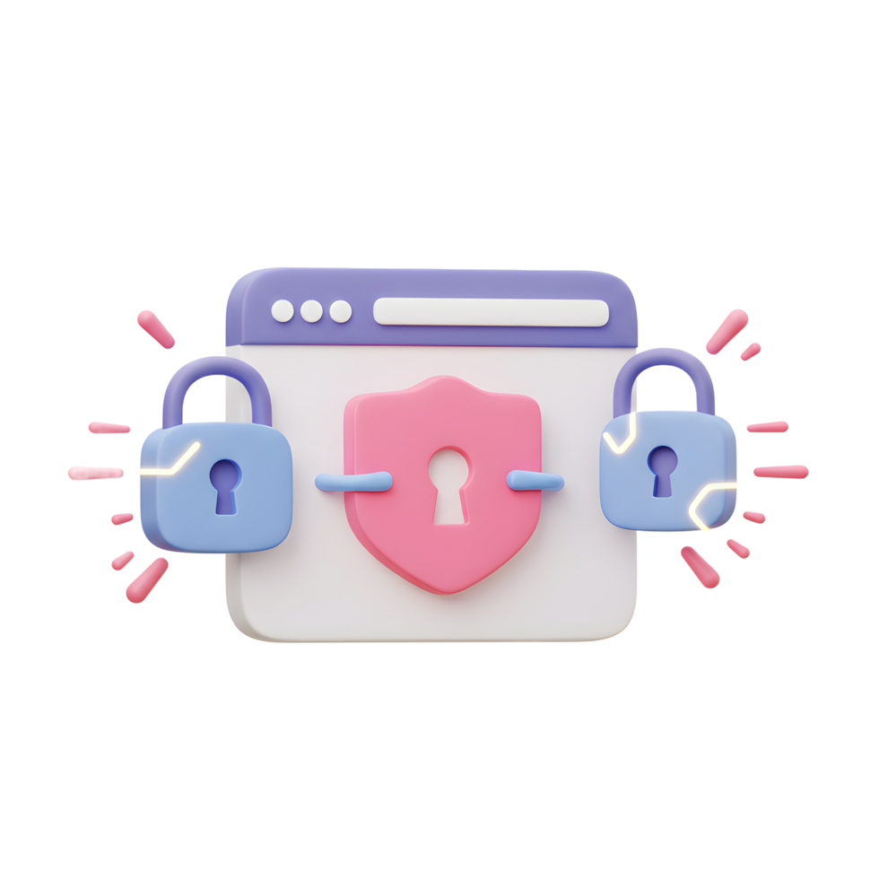 A 3D rendering of a lock and shield on a website symbolizes online security and protection against cyber threats for data protection. png