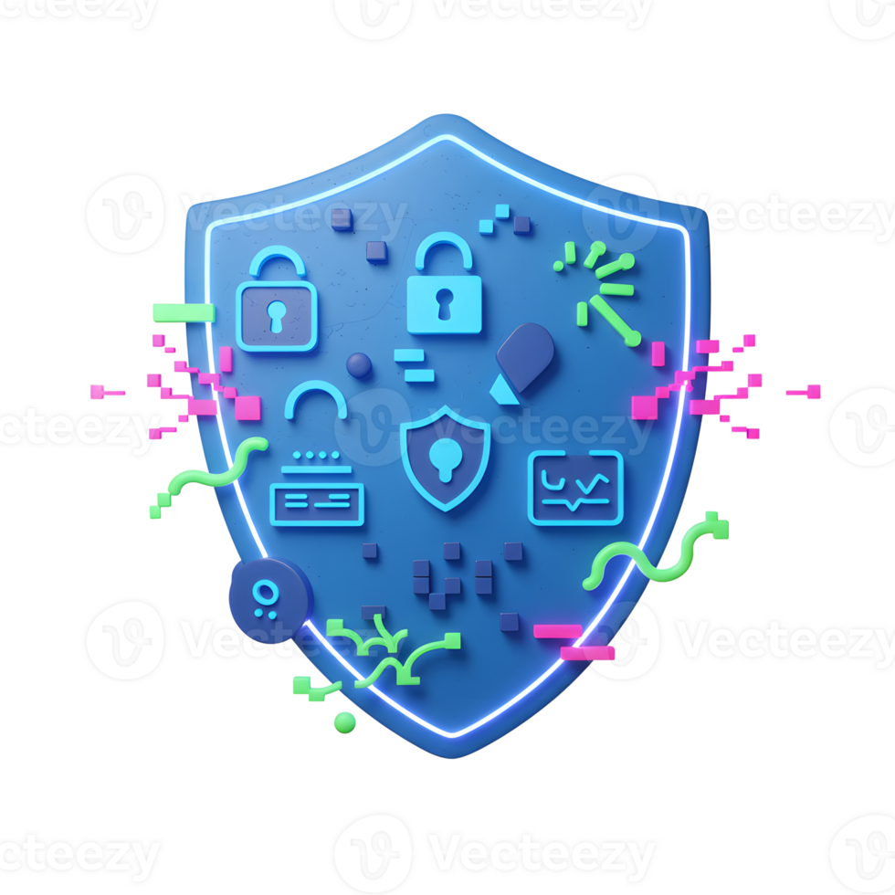 This digital security shield features lock icons, suggesting protection of online information and systems for safety purposes. png