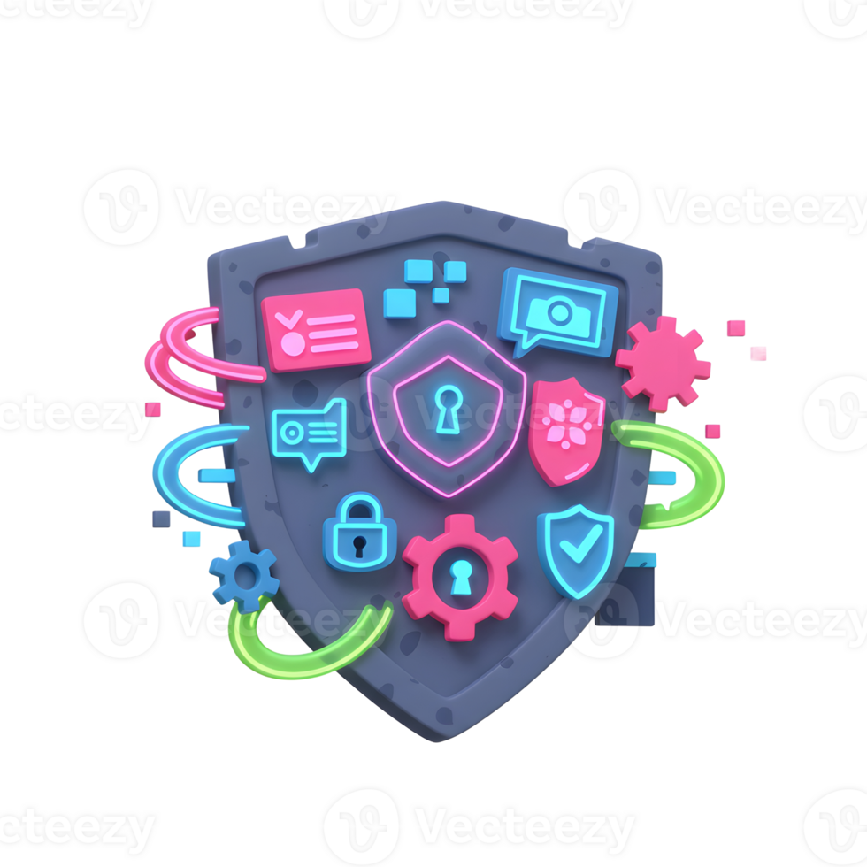 A cyber security shield protects data with neon elements like locks and gears, signifying secure technology for safeguarding information. png