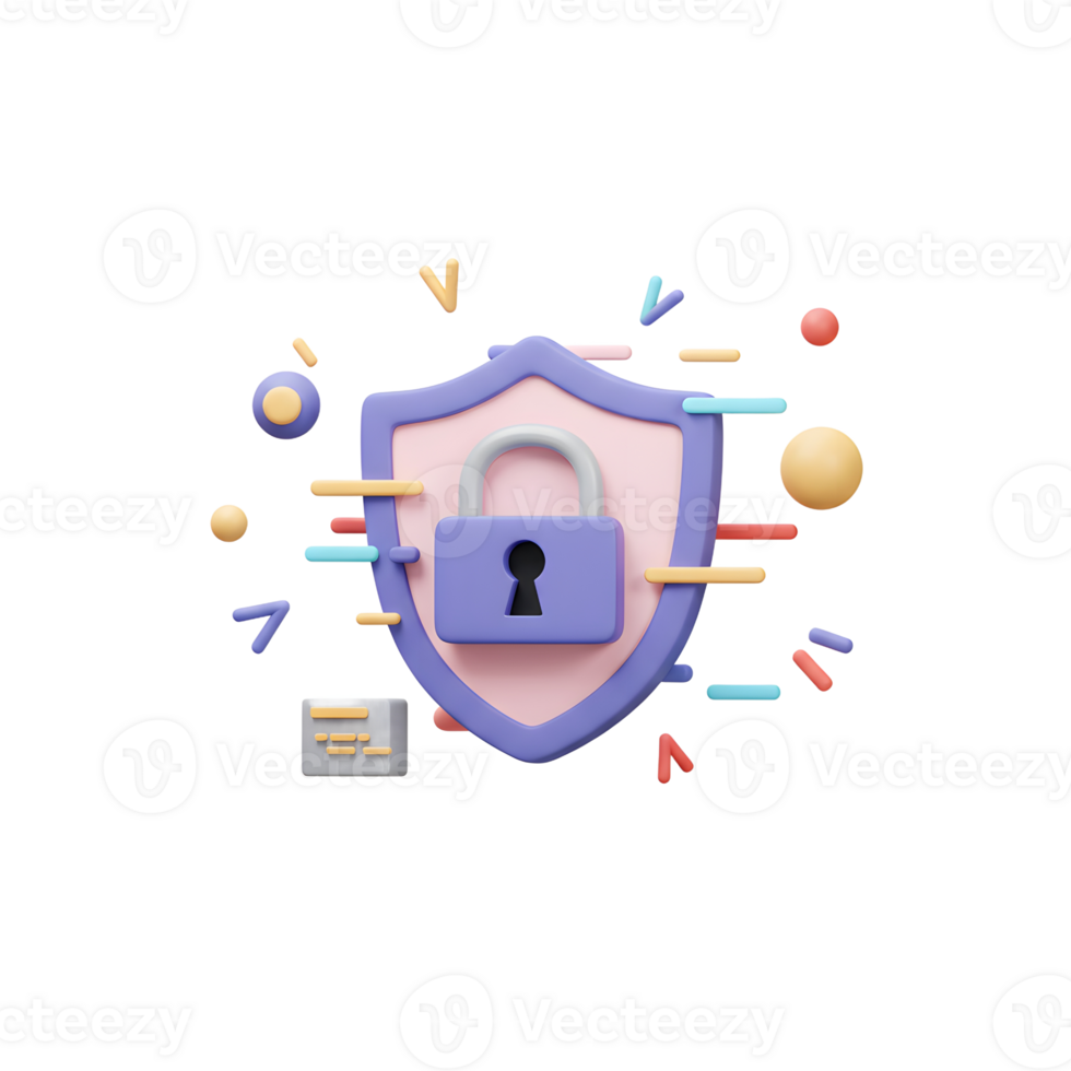 A 3D shield with a lock symbolizes data protection and security measures, suitable for presentations or website graphics. png