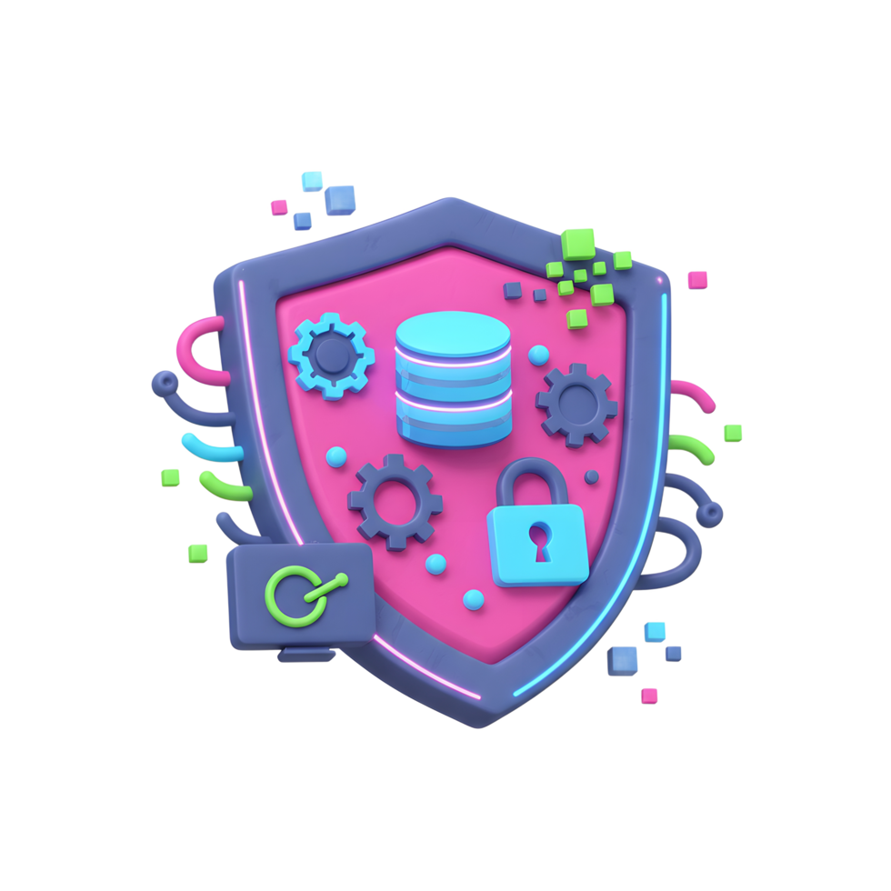 A shield protects data and settings with database, gears, lock icon and neon lights, showing its use in data protection and security. png