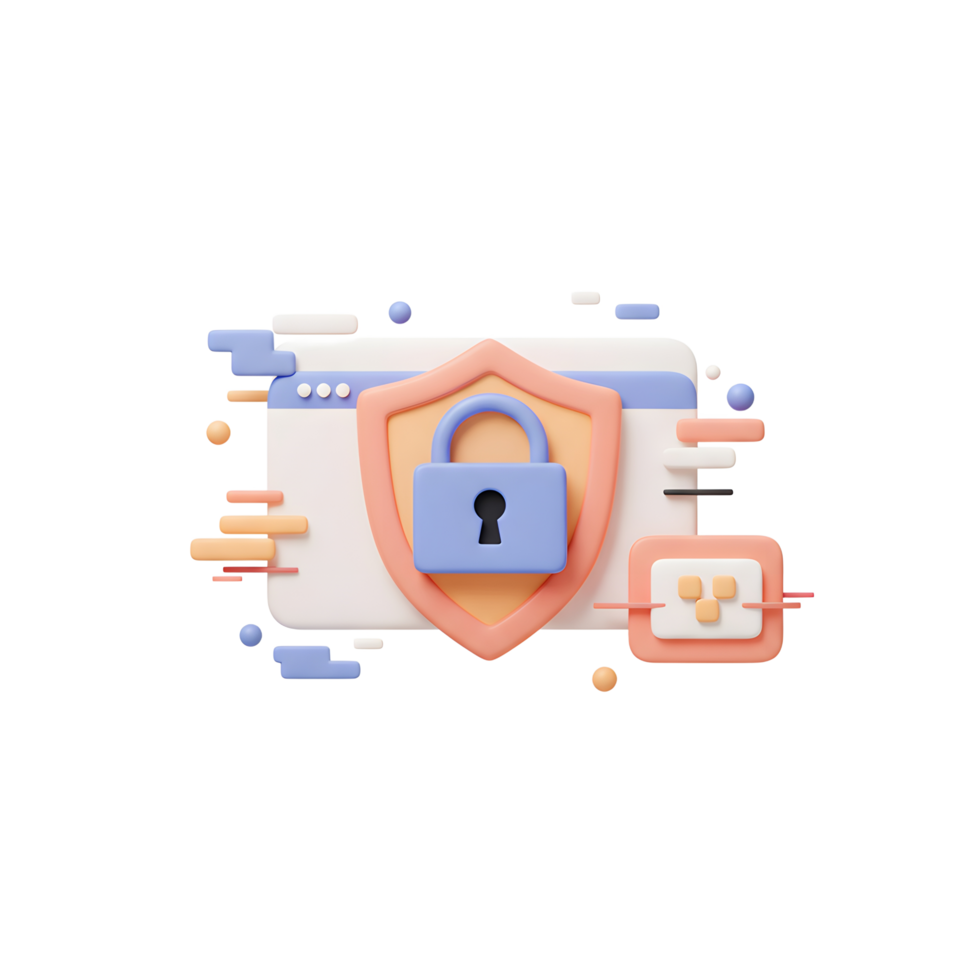 This stylized 3D rendering shows a padlock on a shield, placed in front of a website graphic, representing secure online activity for secure website access. png