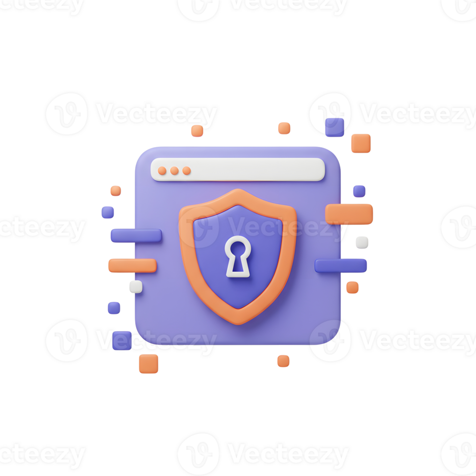 3D shield icon displayed on a browser window with floating shapes symbolizes internet security, intended for website design. png