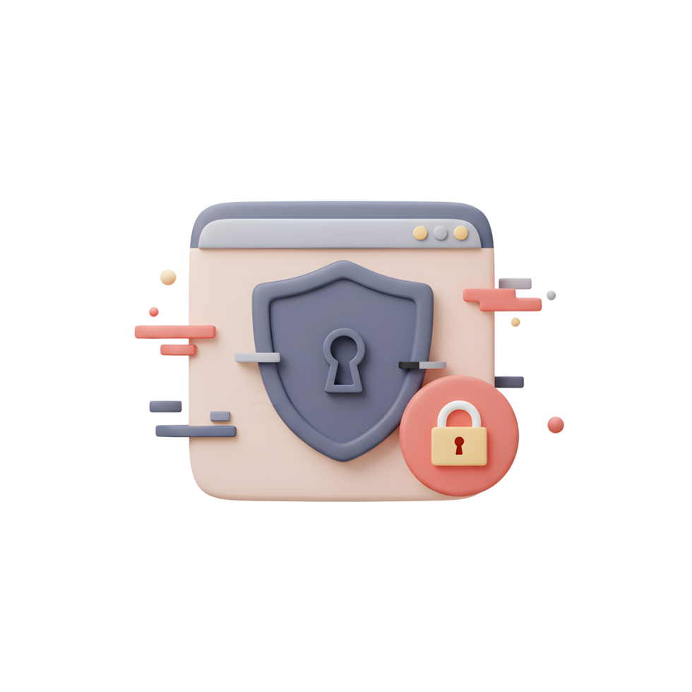 A webpage is secured with a shield and padlock, representing security and protection for online information and transactions. png