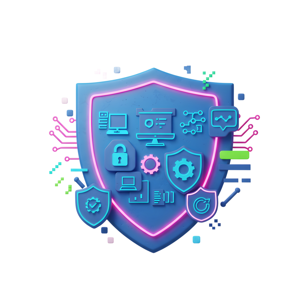 This illustration of a security shield with computer and tech icons represents cyber security in a modern, digital style for protection. png