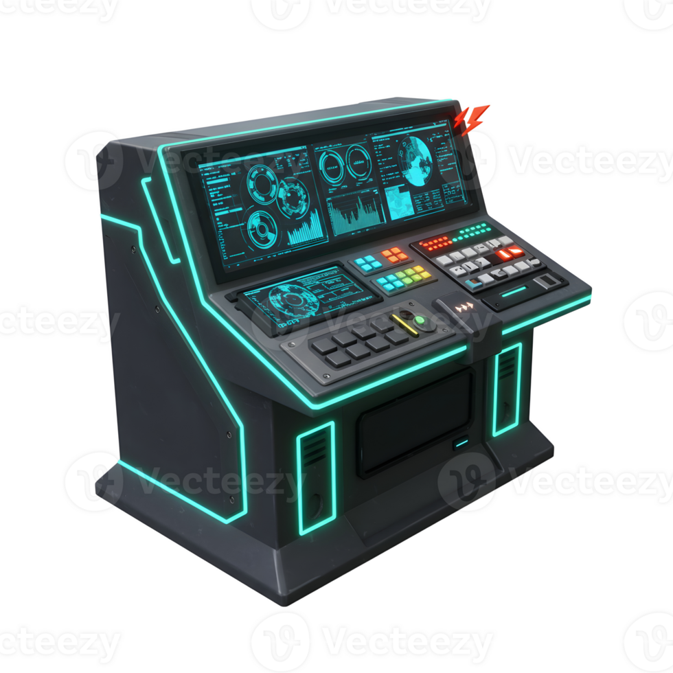 A futuristic console features a variety of screens, buttons, and a sleek design with glowing cyan lines, suitable for use in science fiction or gaming contexts. png