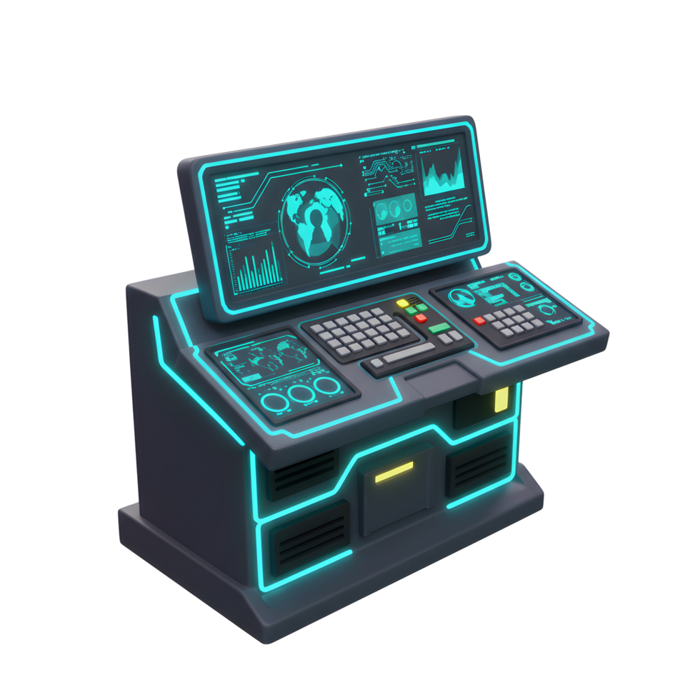 This gray control panel features screens, a keypad, and glowing cyan lines, making it suitable for a sci fi setting. png