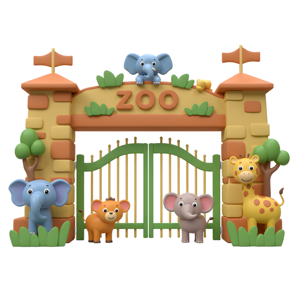 A cartoon style zoo entrance with various animal figures creates a cheerful and inviting scene for children's content. png