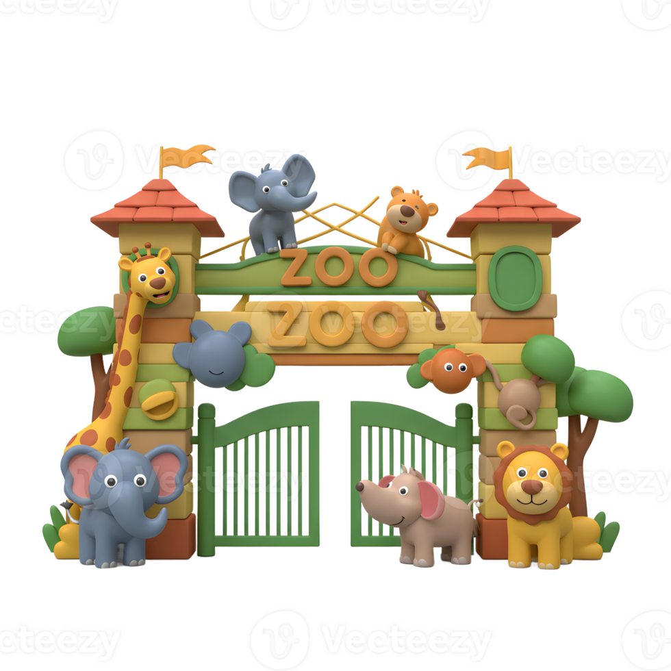 A colorful cartoon zoo entrance with smiling animal characters creates a playful design for children's illustrations or educational materials. png