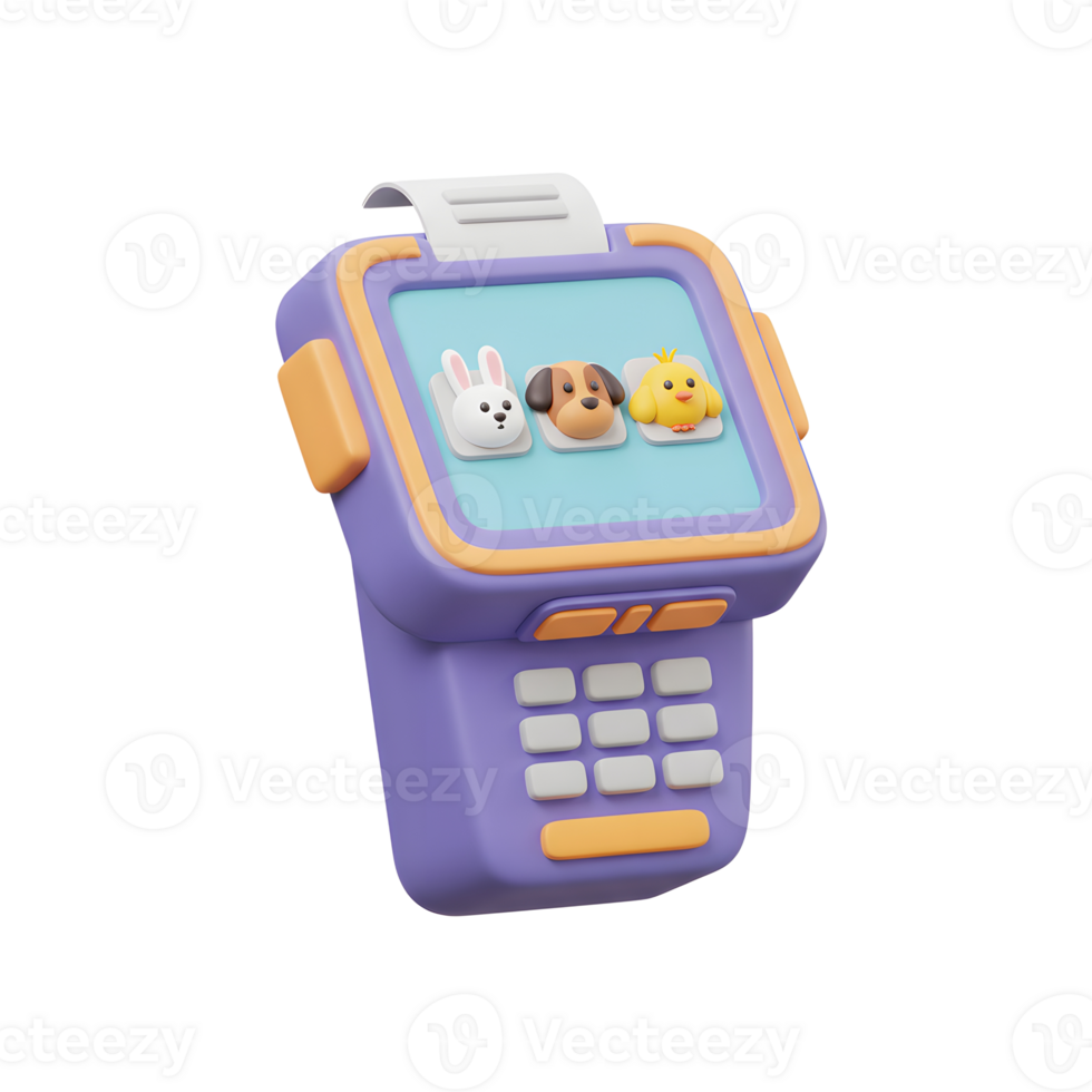 A purple device displays a screen with icons of a rabbit, dog, and chicken, suggesting pet related applications or services. png