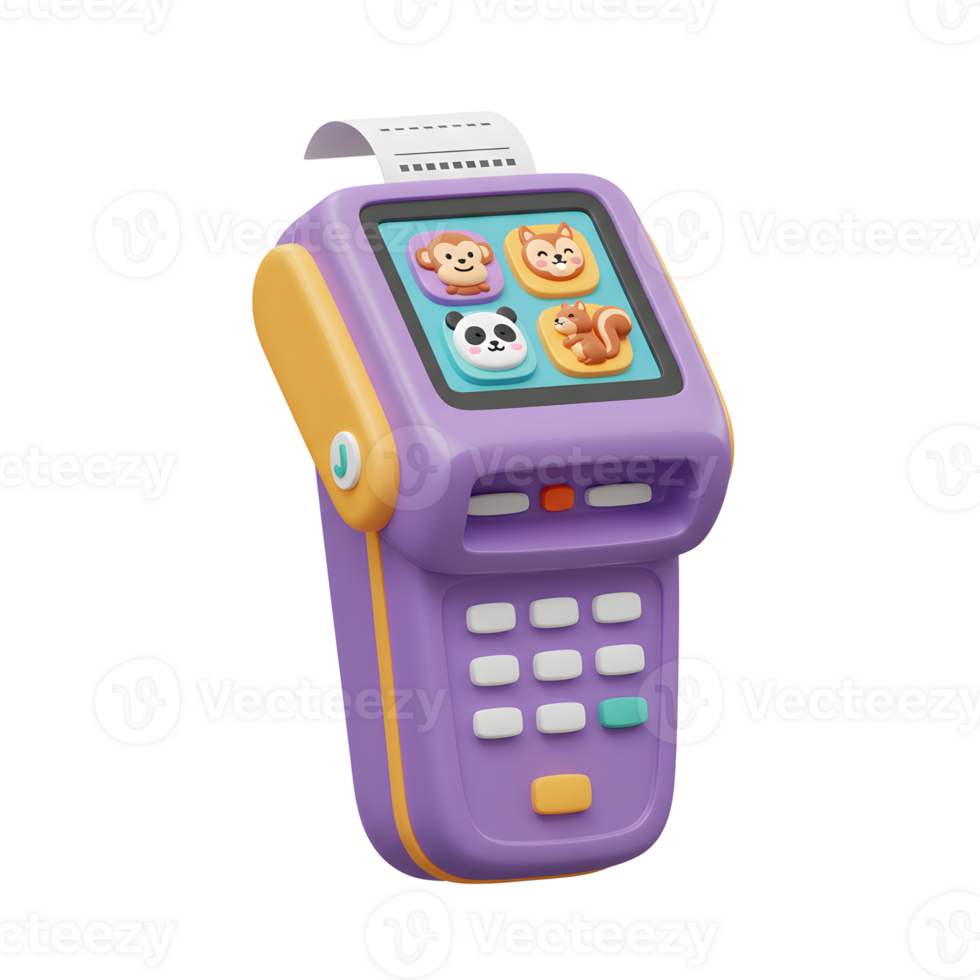 A purple toy payment terminal features animal icons on the screen, suitable for educational or recreational purposes. png