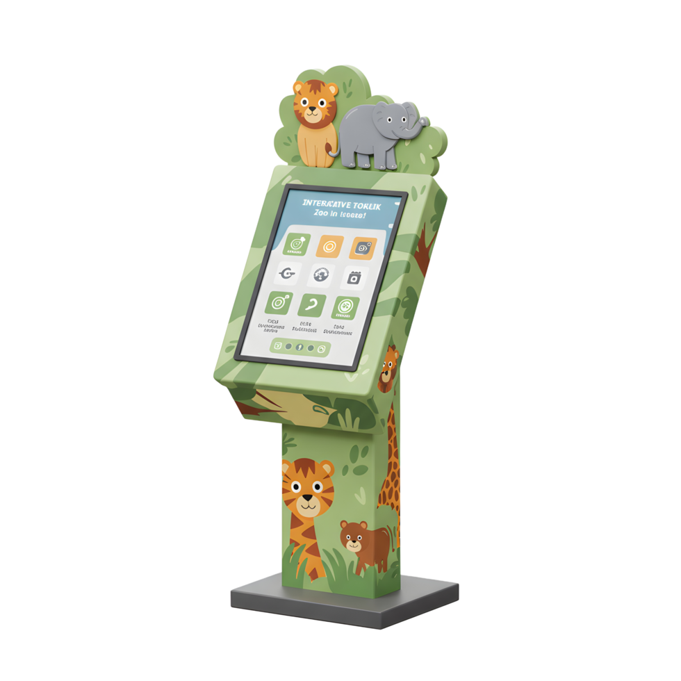 A cartoon style interactive kiosk featuring animals like tiger, elephant, giraffe and bear is displayed on a green surface for information. png