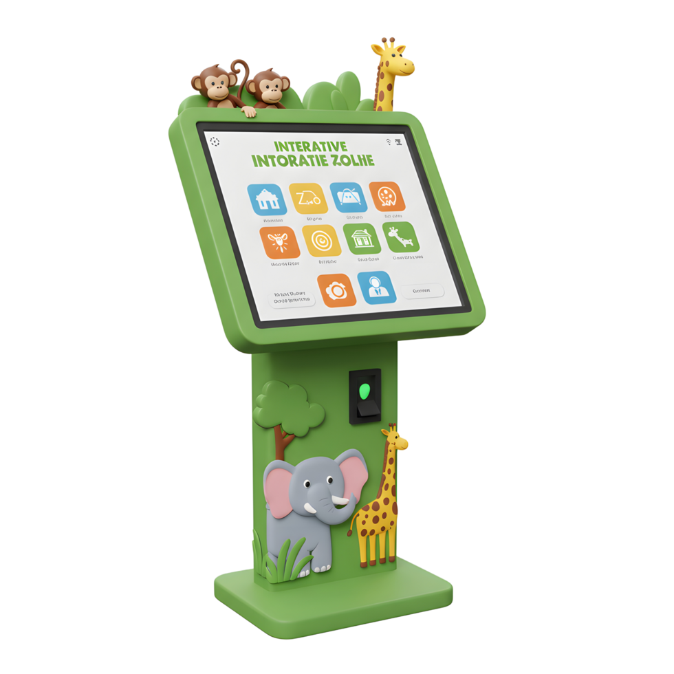 A green interactive information kiosk is decorated with zoo animal figures, offering an engaging experience for visitors. png