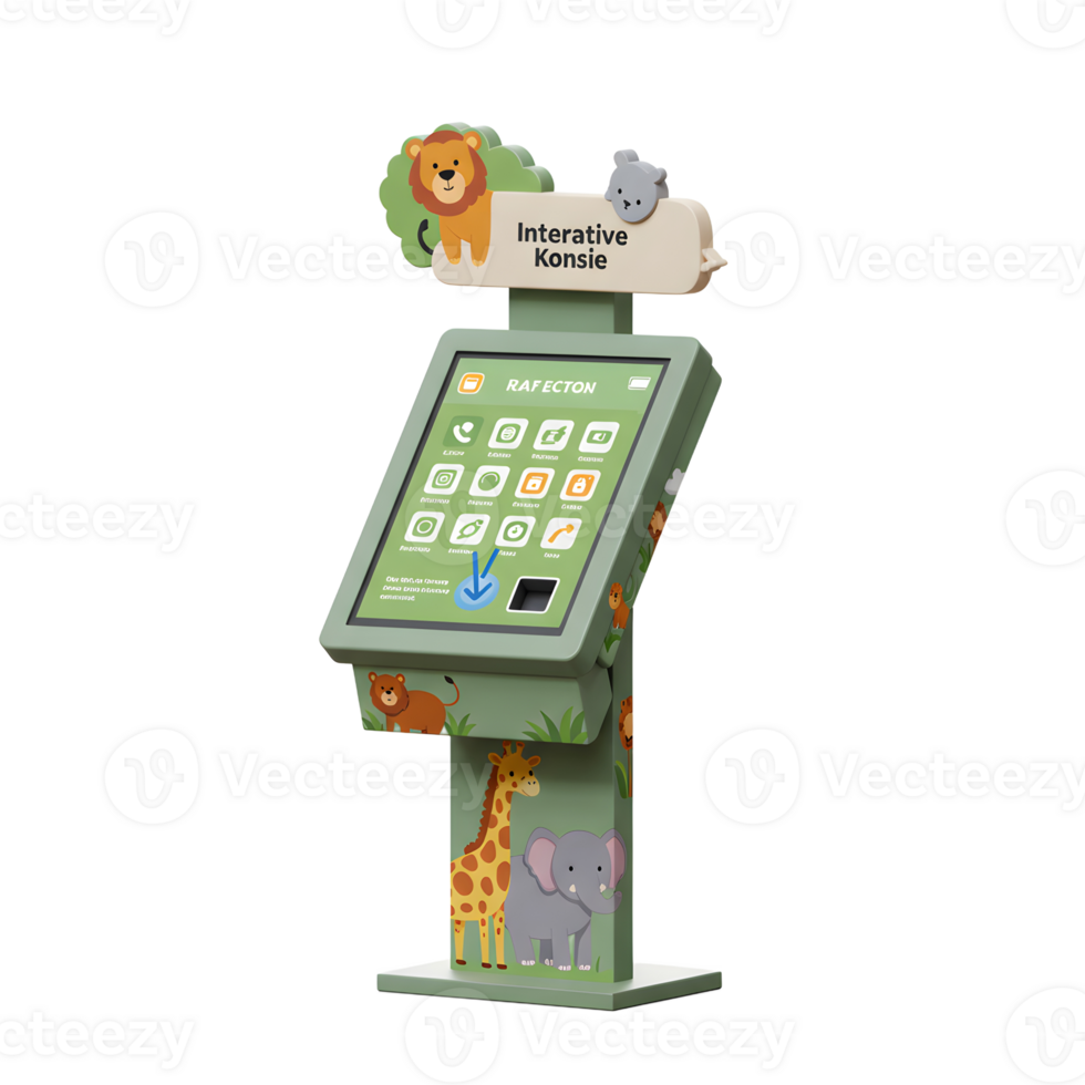 A green interactive kiosk features animal decorations like a lion, elephant and giraffe, offering a fun and engaging experience for children. png