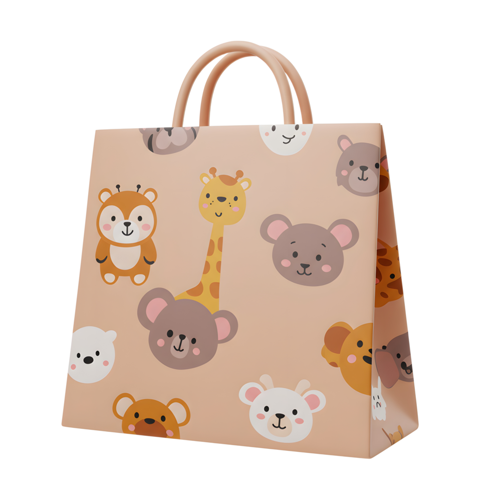 A beige shopping bag features various cute cartoon animal prints, making it suitable for carrying light items. png