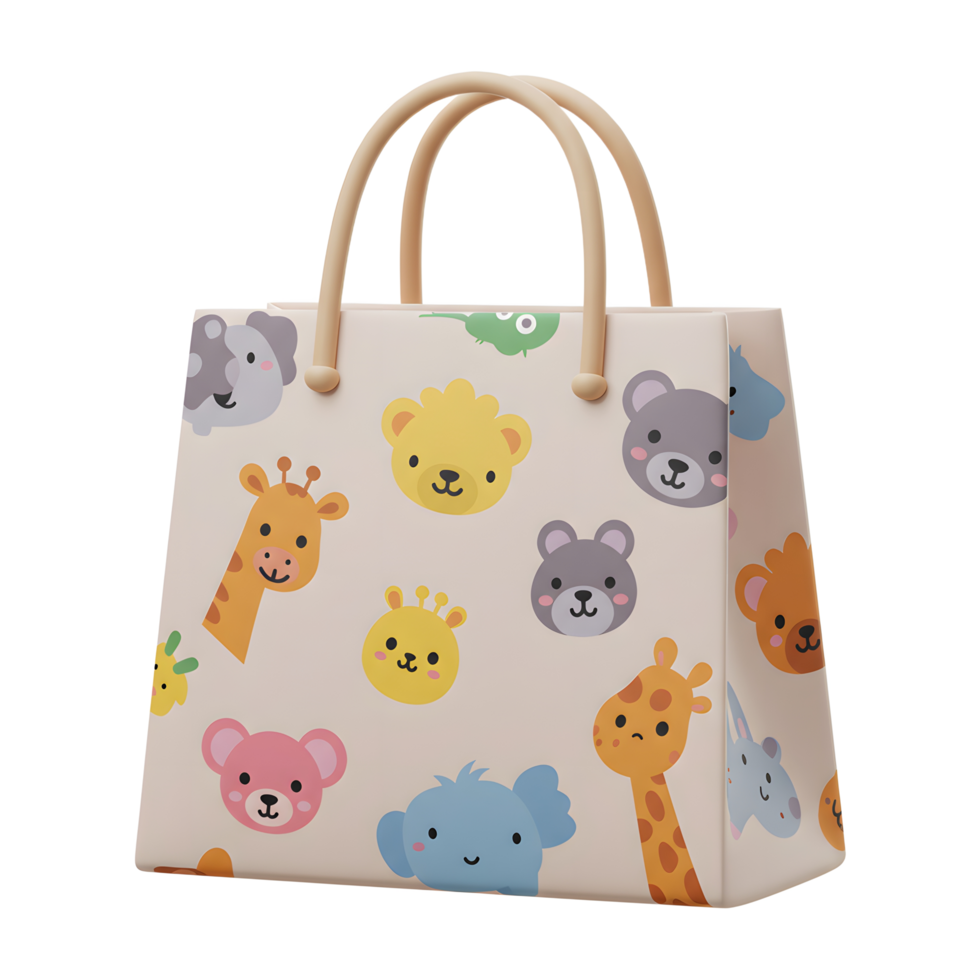A light beige bag is decorated with cartoon animal faces and has two rounded beige handles for carrying items. png