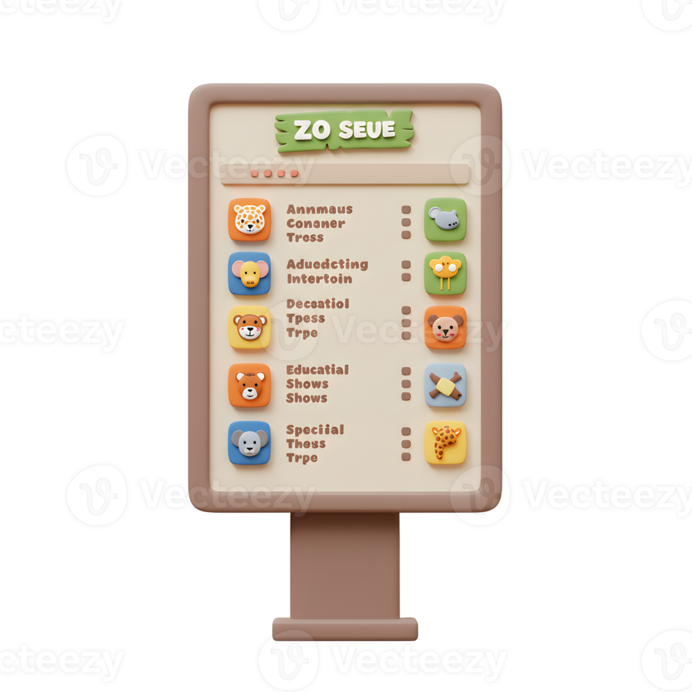 A cartoon billboard sign displays a list of animal shows for entertainment and educational purposes. png