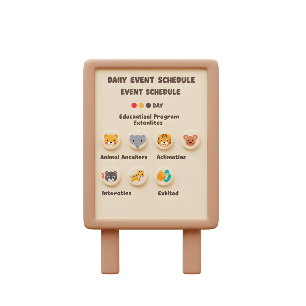 A light beige event schedule board features animal icons and text, suggesting activities or learning programs are available for daily planning. png