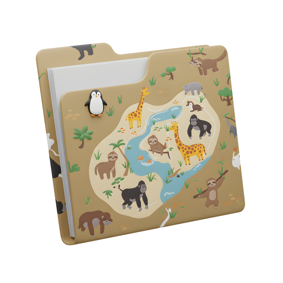A tan folder features various animals and includes a penguin clip, ideal for organizing documents and files. png