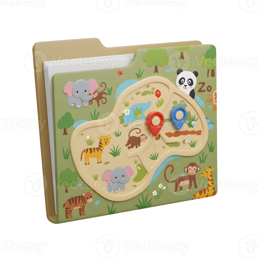 A colorful zoo map features various animals like elephants, monkeys, tigers, pandas, and giraffes, perfect for interactive learning and play. png