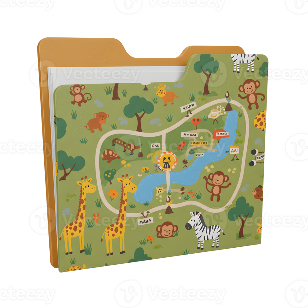 A file folder featuring an animal themed safari park map with giraffes, monkeys, and zebras provides an engaging and organized way to store documents. png