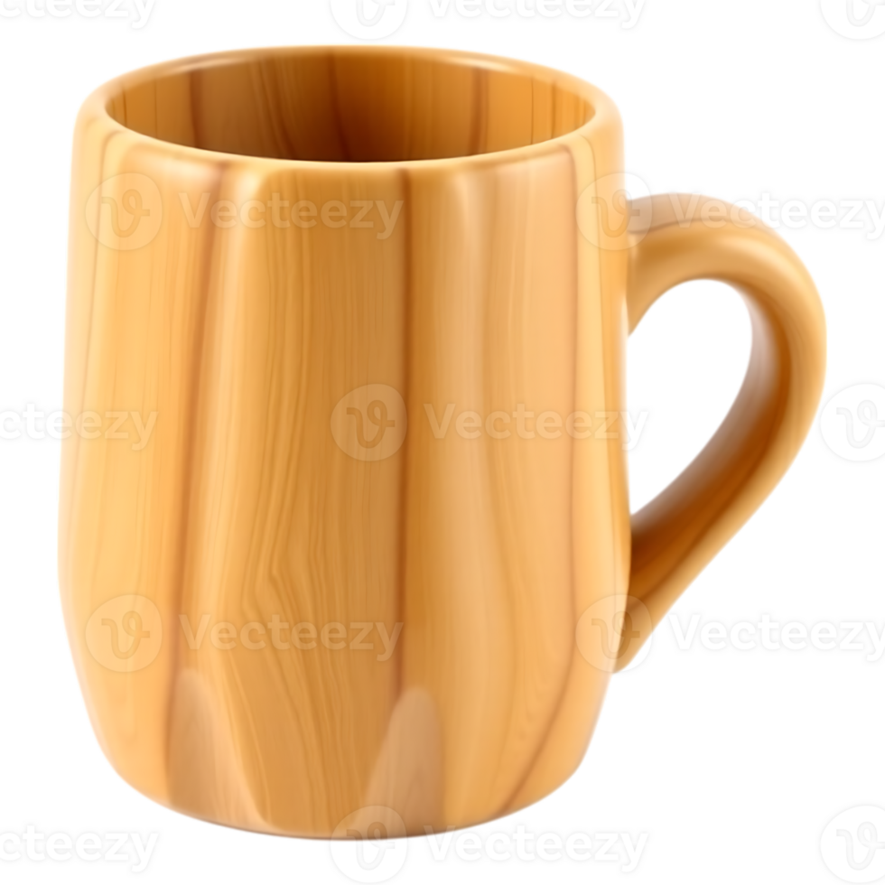 Close-up shot of a detailed wooden mug with a handle. png