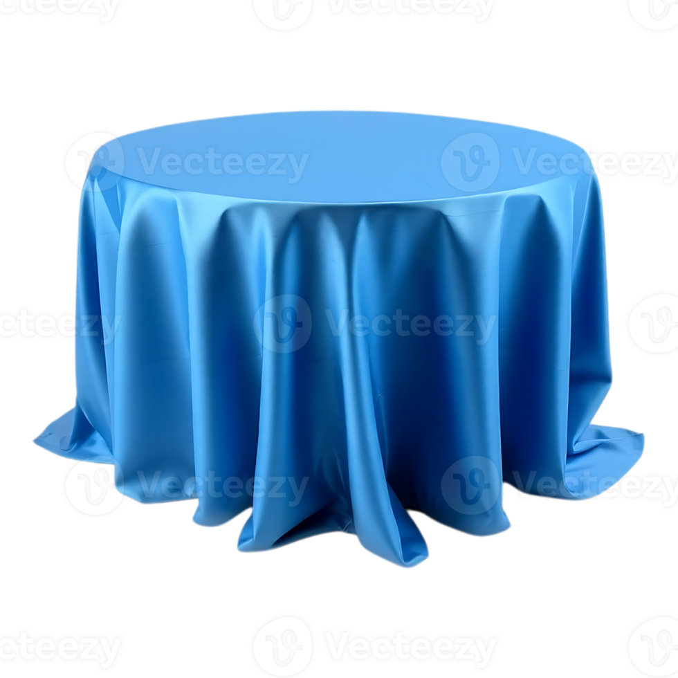 Elegant blue tablecloth draped over a round table for event setup png