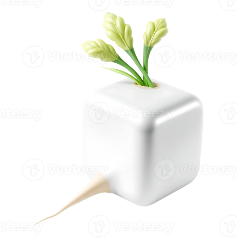 3D Render of a Cubic White Radish with Green Leaves png