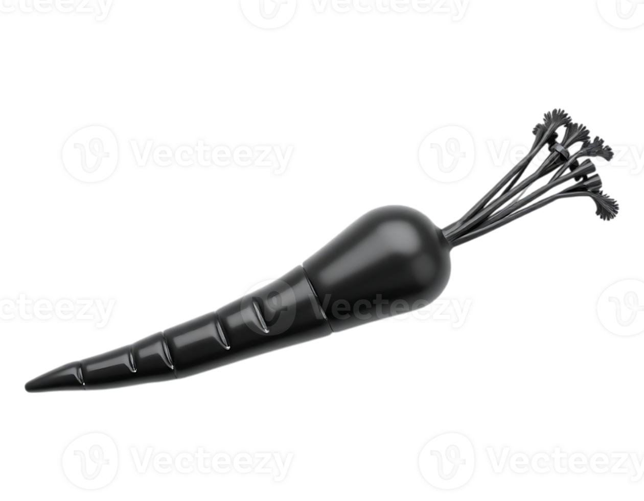 A sleek, black, 3D-rendered carrot with a transparent background. png