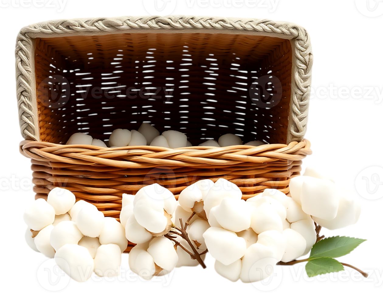 Cotton bolls overflowing a wicker basket, with sprigs of cotton and green leaves png