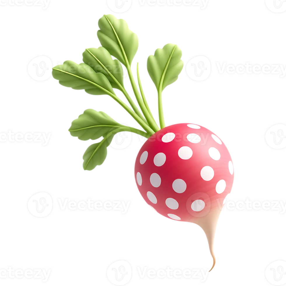 A vibrant 3D cartoon radish with polka dots and green leaves png