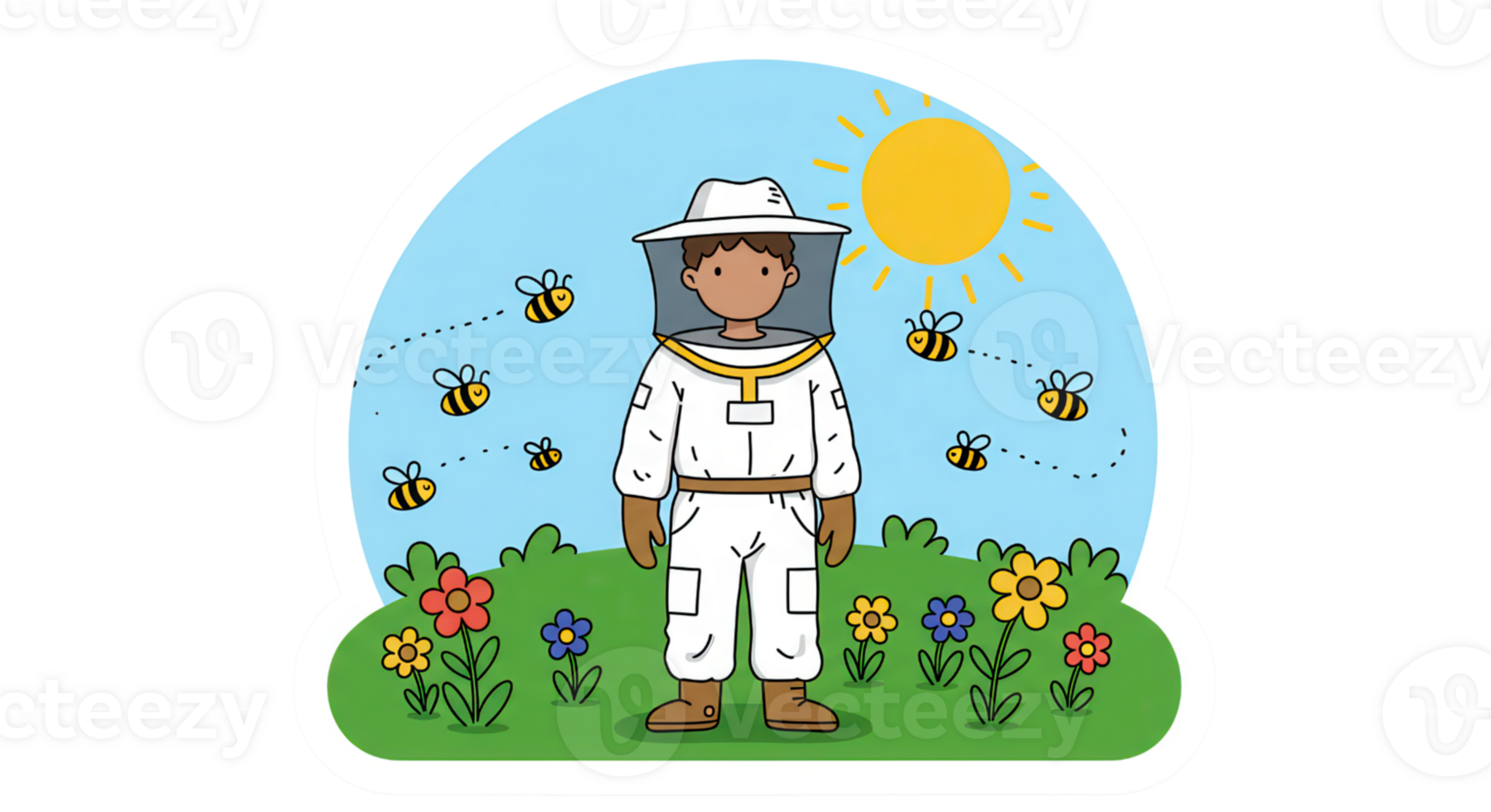 Cartoon Beekeeper in Flower Garden with Bees png
