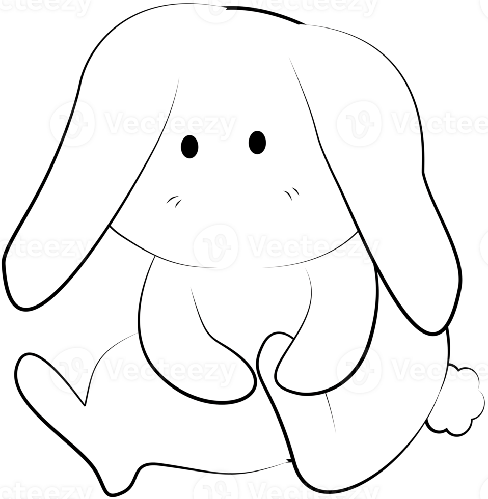 A cute white rabbit with its ears pressed against its body sits and looks. png